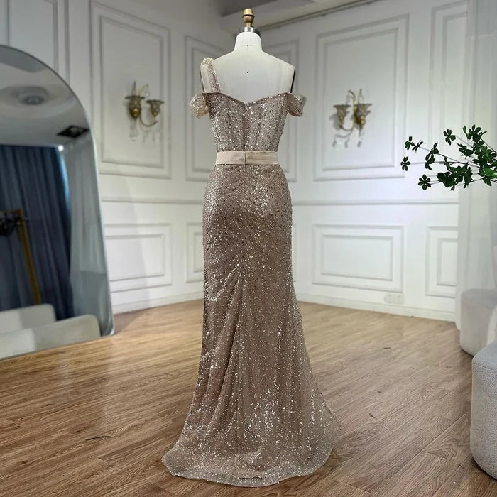 Luxury Nude Arabic One Shoulder Beaded Mermaid Evening Dress LA72318B - SERENE HILL
