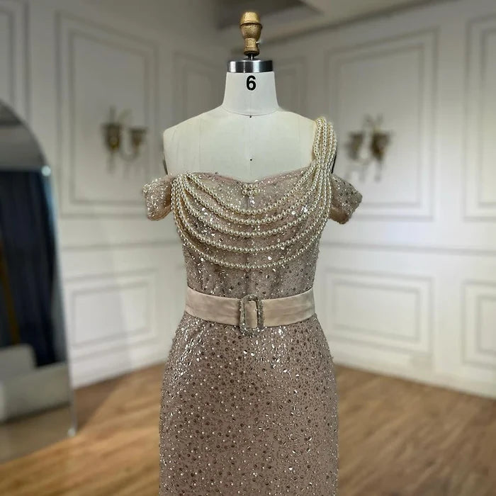 Luxury Nude Arabic One Shoulder Beaded Mermaid Evening Dress LA72318B - SERENE HILL