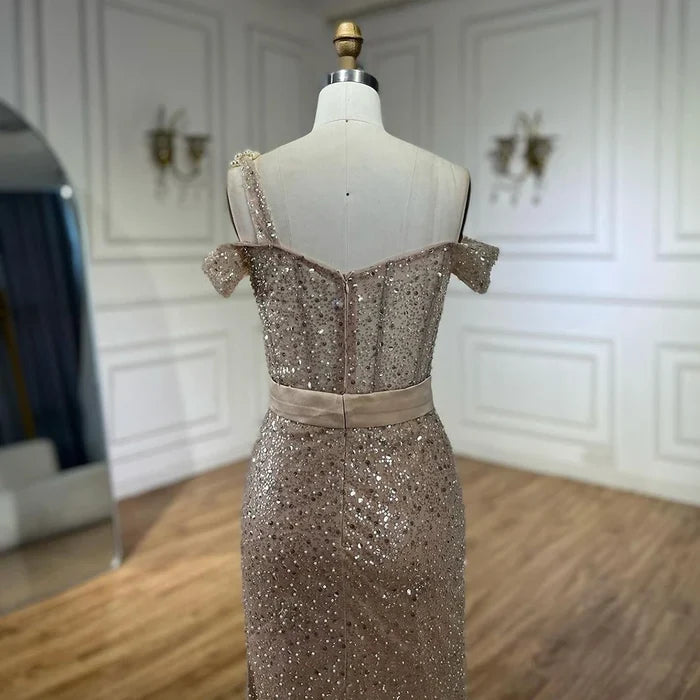 Luxury Nude Arabic One Shoulder Beaded Mermaid Evening Dress LA72318B - SERENE HILL