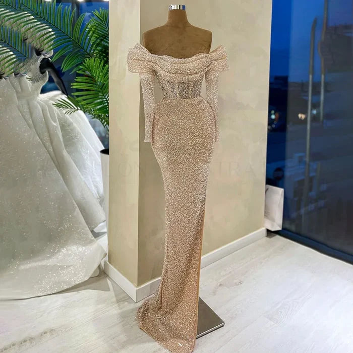Luxury Nude Arabic One Shoulder Beaded Mermaid Evening Dress LA72318B - SERENE HILL