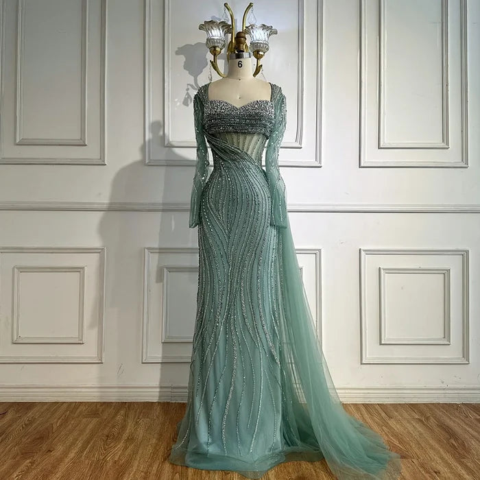 Luxury Nude Beaded Crystal Evening Dress with Overskirt LA72812 - SERENE HILL