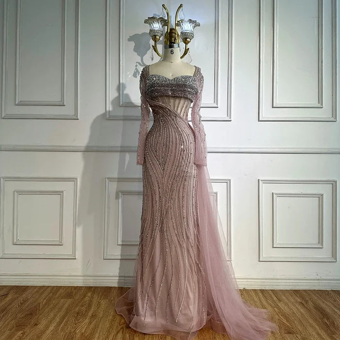 Luxury Nude Beaded Crystal Evening Dress with Overskirt LA72812 - SERENE HILL