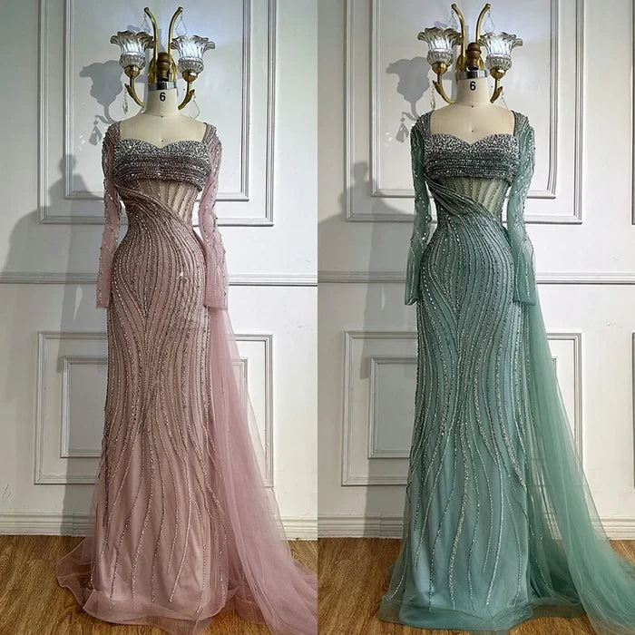 Luxury Nude Beaded Crystal Evening Dress with Overskirt LA72812 - SERENE HILL