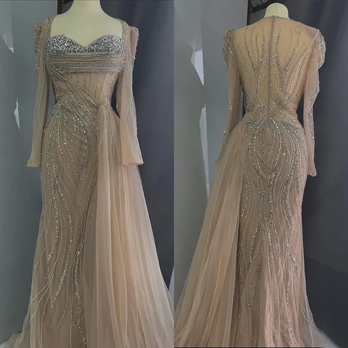 Luxury Nude Beaded Crystal Evening Dress with Overskirt LA72812 - SERENE HILL