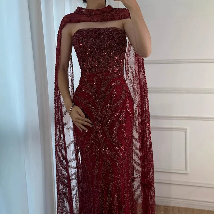 Luxury Nude Beaded Evening Dress with Cape Sleeves LA72824 - SERENE HILL