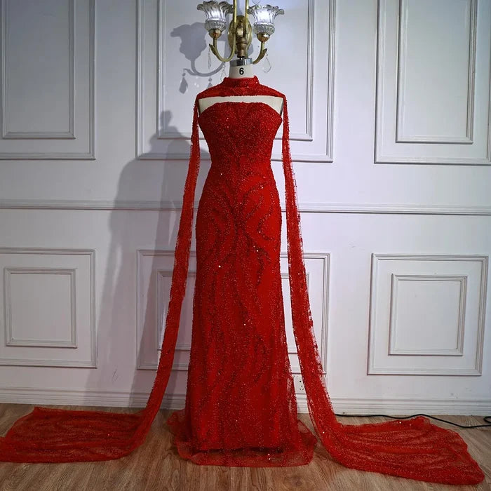 Luxury Nude Beaded Evening Dress with Cape Sleeves LA72824 - SERENE HILL