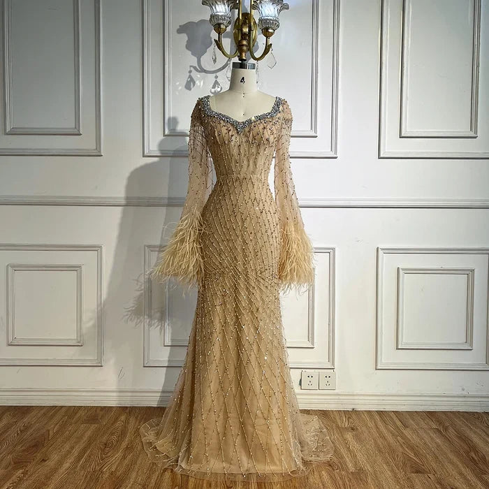 Luxury Nude Beaded Evening Dress with Feather Cuffs LA72892 - SERENE HILL