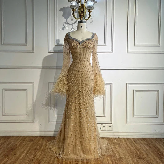 Luxury Nude Beaded Evening Dress with Feather Cuffs LA72892 - SERENE HILL