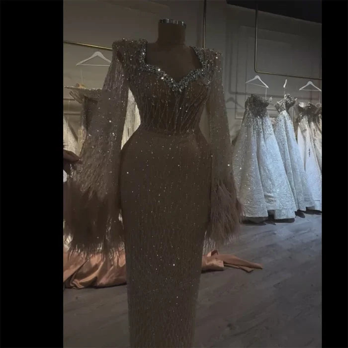 Luxury Nude Beaded Evening Dress with Feather Cuffs LA72892 - SERENE HILL
