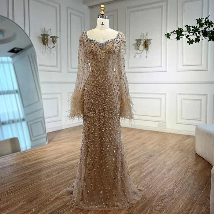 Luxury Nude Beaded Evening Dress with Feather Cuffs LA72892 - SERENE HILL