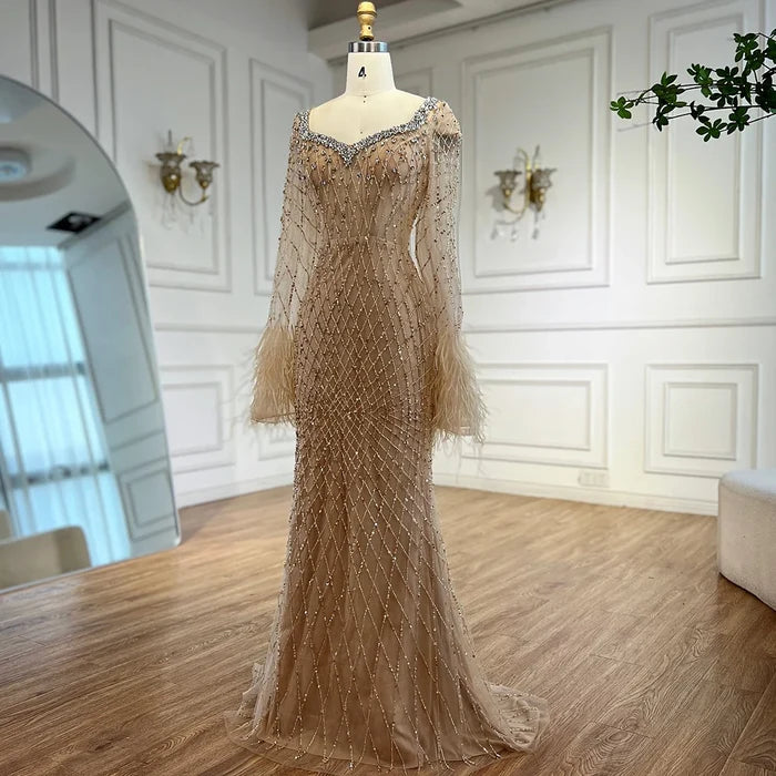 Luxury Nude Beaded Evening Dress with Feather Cuffs LA72892 - SERENE HILL