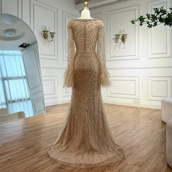 Luxury Nude Beaded Evening Dress with Feather Cuffs LA72892 - SERENE HILL