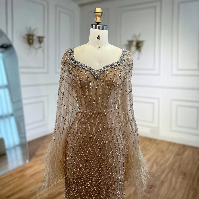 Luxury Nude Beaded Evening Dress with Feather Cuffs LA72892 - SERENE HILL