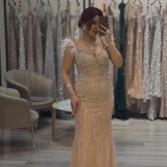 Luxury Nude Beaded Feather Mermaid Evening Dress Dubai Style LA72818 - SERENE HILL