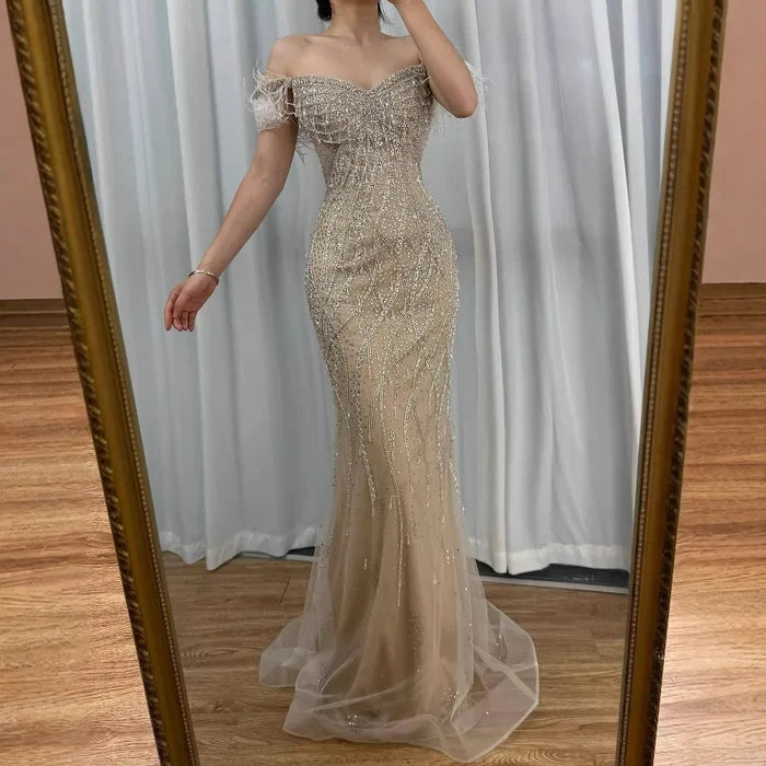 Luxury Nude Beaded Feather Mermaid Evening Dress Dubai Style LA72818 - SERENE HILL