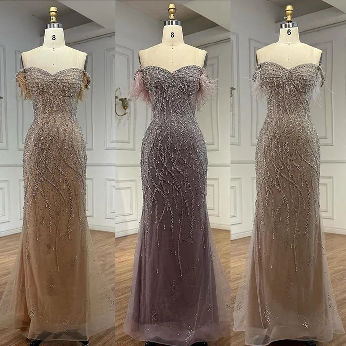 Luxury Nude Beaded Feather Mermaid Evening Dress Dubai Style LA72818 - SERENE HILL