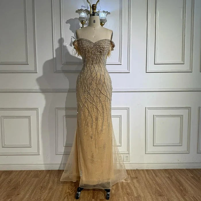 Luxury Nude Beaded Feather Mermaid Evening Dress Dubai Style LA72818 - SERENE HILL
