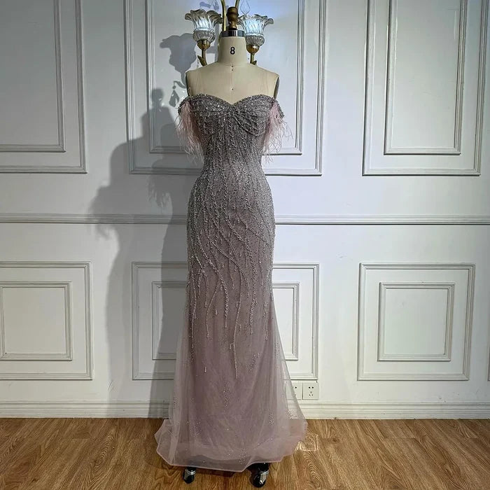 Luxury Nude Beaded Feather Mermaid Evening Dress Dubai Style LA72818 - SERENE HILL