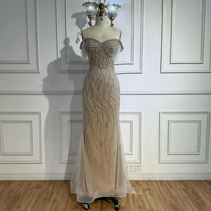 Luxury Nude Beaded Feather Mermaid Evening Dress Dubai Style LA72818 - SERENE HILL