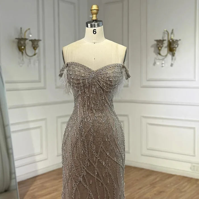 Luxury Nude Beaded Feather Mermaid Evening Dress Dubai Style LA72818 - SERENE HILL