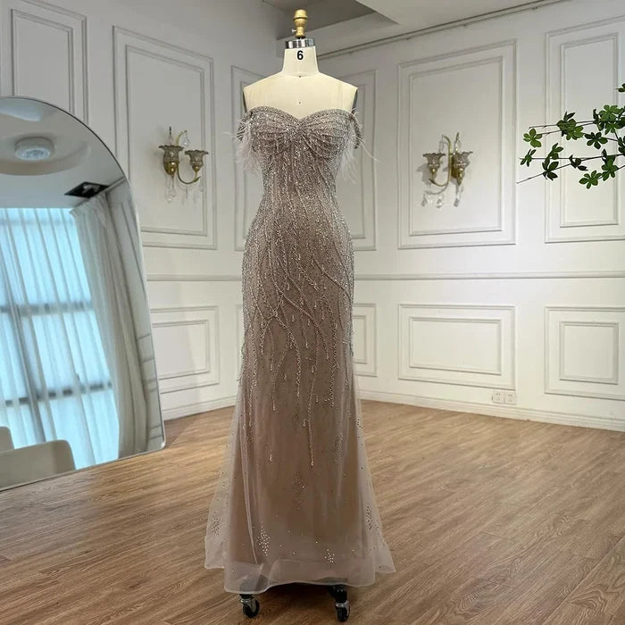 Luxury Nude Beaded Feather Mermaid Evening Dress Dubai Style LA72818 - SERENE HILL