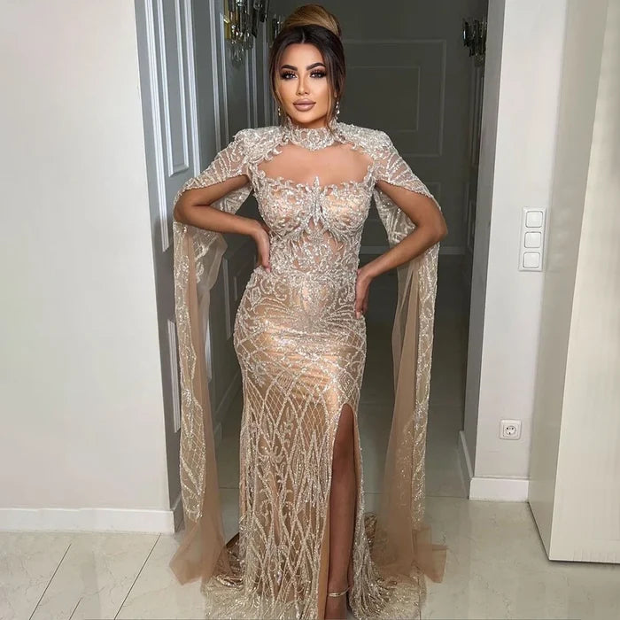 Luxury Nude Beaded Mermaid Evening Dress with Cape LA71747 - SERENE HILL