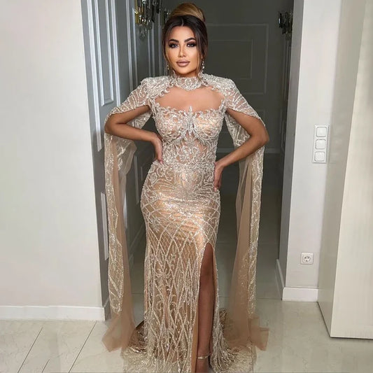 Luxury Nude Beaded Mermaid Evening Dress with Cape LA71747 - SERENE HILL