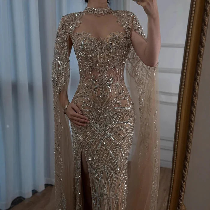 Luxury Nude Beaded Mermaid Evening Dress with Cape LA71747 - SERENE HILL