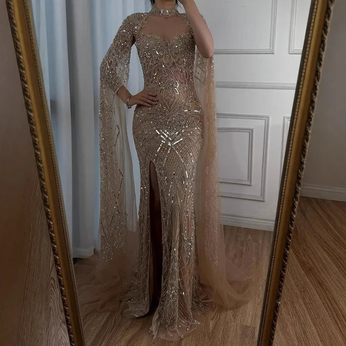 Luxury Nude Beaded Mermaid Evening Dress with Cape LA71747 - SERENE HILL