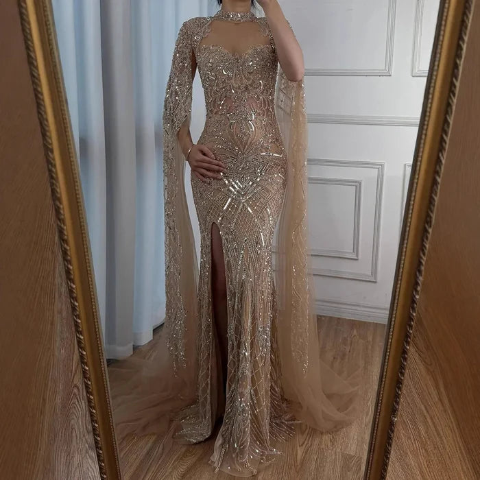 Luxury Nude Beaded Mermaid Evening Dress with Cape LA71747 - SERENE HILL