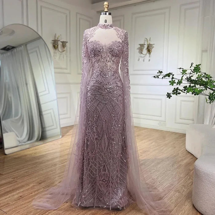 Luxury Nude Beaded Mermaid Evening Dress with Cape LA71747 - SERENE HILL