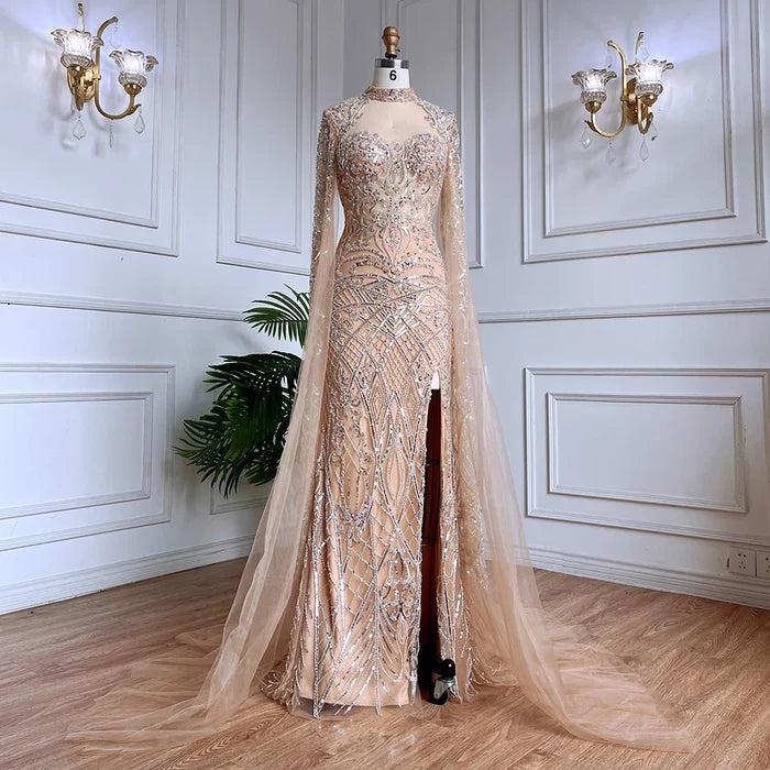 Luxury Nude Beaded Mermaid Evening Dress with Cape LA71747 - SERENE HILL
