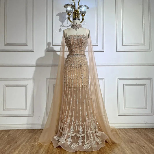 Luxury Nude Beaded Mermaid Evening Dress with Cape LA72711 - SERENE HILL