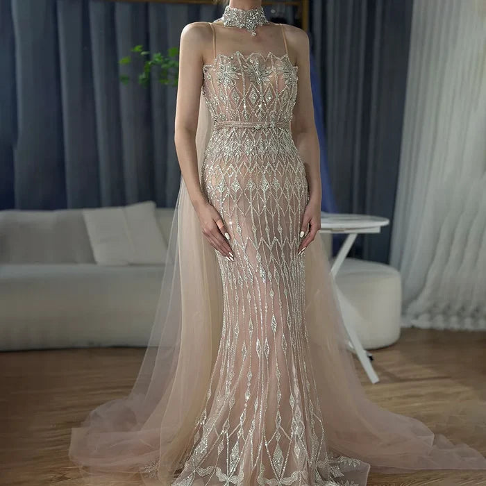Luxury Nude Beaded Mermaid Evening Dress with Cape LA72711 - SERENE HILL