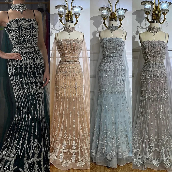 Luxury Nude Beaded Mermaid Evening Dress with Cape LA72711 - SERENE HILL