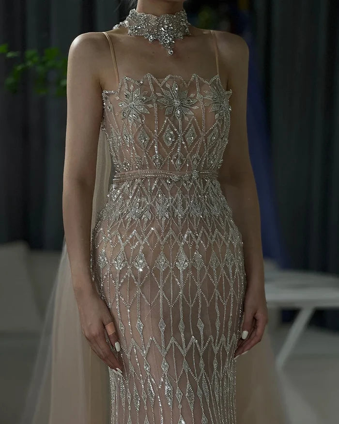 Luxury Nude Beaded Mermaid Evening Dress with Cape LA72711 - SERENE HILL