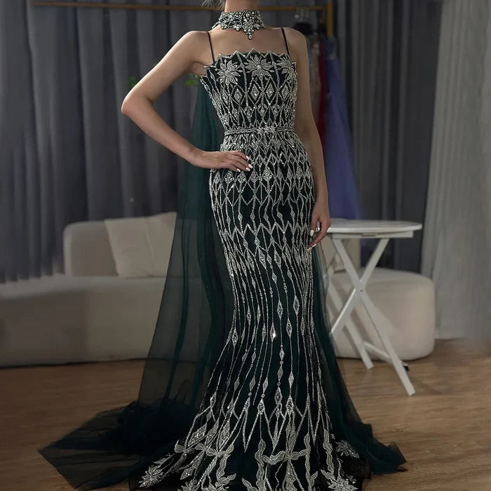 Luxury Nude Beaded Mermaid Evening Dress with Cape LA72711 - SERENE HILL