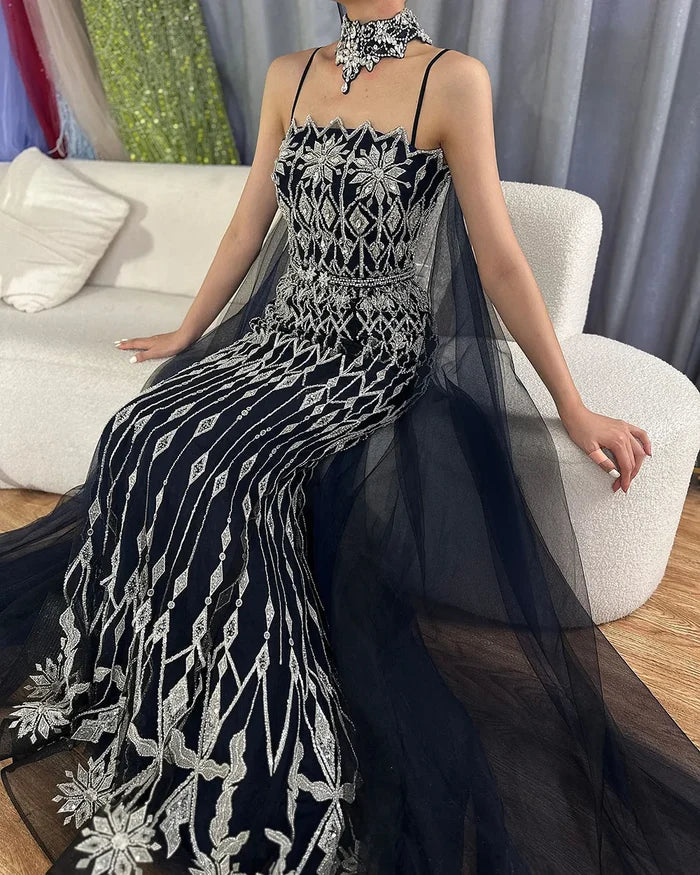 Luxury Nude Beaded Mermaid Evening Dress with Cape LA72711 - SERENE HILL