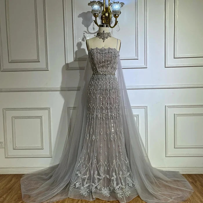Luxury Nude Beaded Mermaid Evening Dress with Cape LA72711 - SERENE HILL