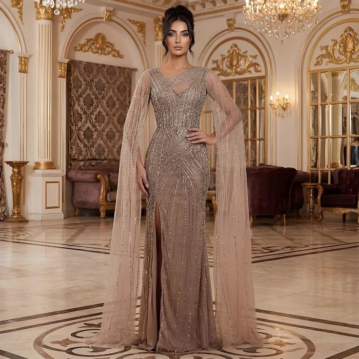 Luxury Nude Beaded Mermaid Evening Dress with Cape Sleeves LA71429B - SERENE  HILL