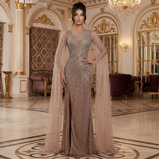 Luxury Nude Beaded Mermaid Evening Dress with Cape Sleeves LA71429B - SERENE  HILL