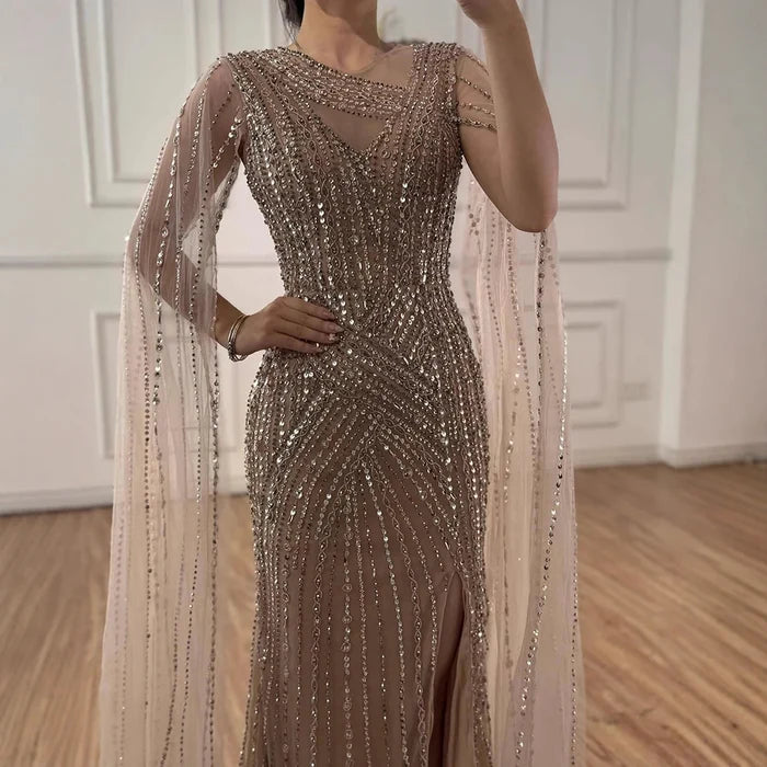 Luxury Nude Beaded Mermaid Evening Dress with Cape Sleeves LA71429B - SERENE HILL