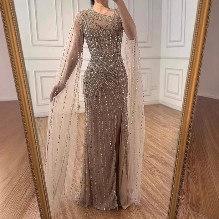 Luxury Nude Beaded Mermaid Evening Dress with Cape Sleeves LA71429B - SERENE HILL