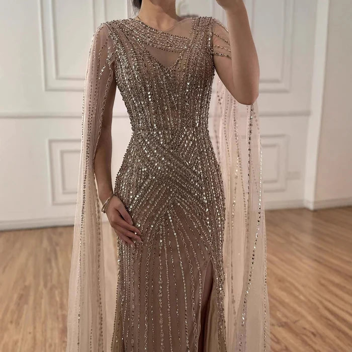Luxury Nude Beaded Mermaid Evening Dress with Cape Sleeves LA71429B - SERENE HILL