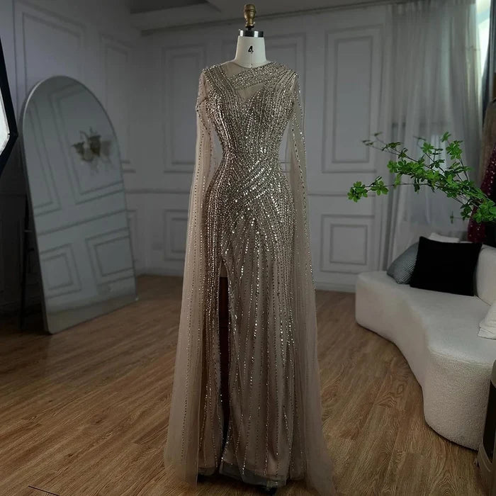 Luxury Nude Beaded Mermaid Evening Dress with Cape Sleeves LA71429B - SERENE HILL