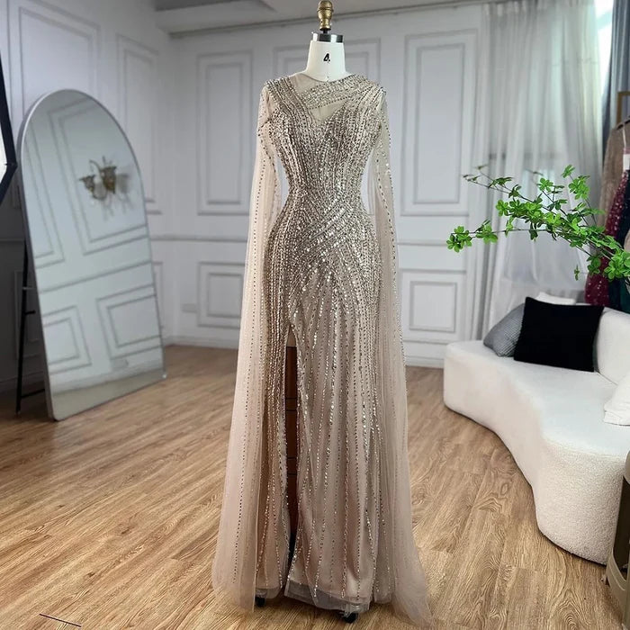 Luxury Nude Beaded Mermaid Evening Dress with Cape Sleeves LA71429B - SERENE HILL