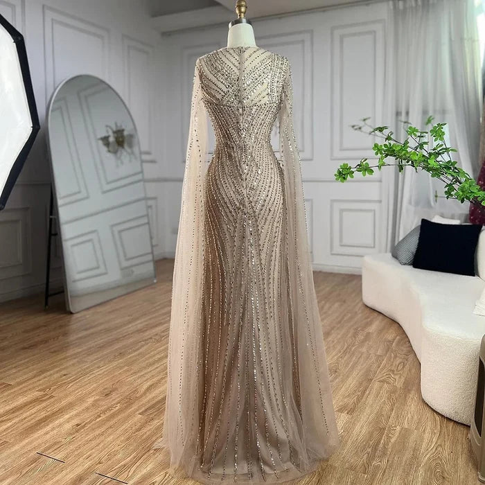 Luxury Nude Beaded Mermaid Evening Dress with Cape Sleeves LA71429B - SERENE HILL