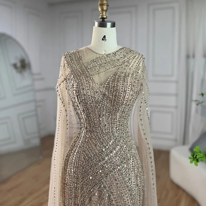 Luxury Nude Beaded Mermaid Evening Dress with Cape Sleeves LA71429B - SERENE HILL