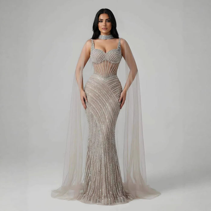 Luxury Nude Beaded Mermaid Evening Dress With Cape Sleeves LA72860