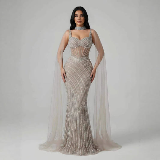 Luxury Nude Beaded Mermaid Evening Dress With Cape Sleeves LA72860
